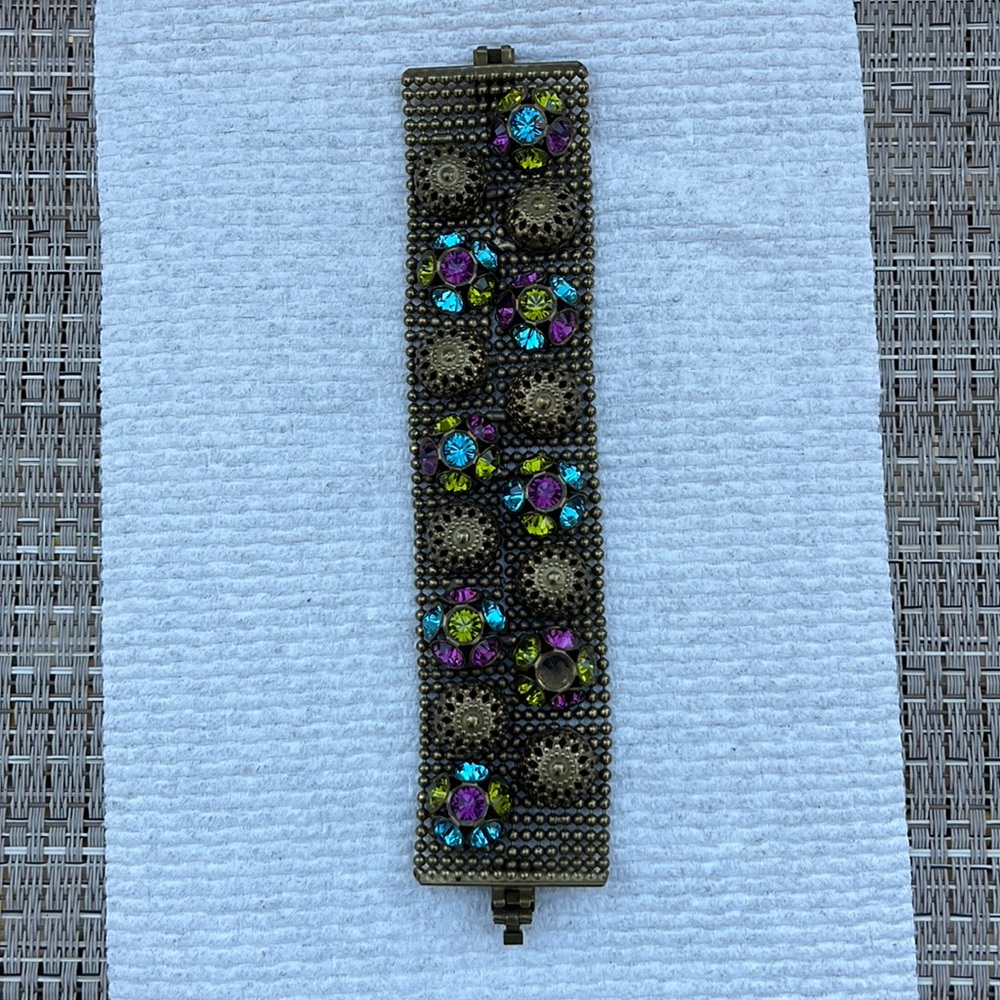 FRANGOS LADIES VINTAGE GOLD TONE BLUE PURPLE CRYSTAL MESH WIDE BRACELET-WOW!